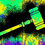 Colorful splattered background with a large gavel silhouette in the center, Bryce Durbin / TechCrunch watermark in the cor...