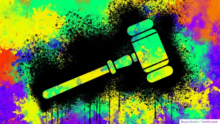 Colorful splattered background with a large gavel silhouette in the center, Bryce Durbin / TechCrunch watermark in the cor...