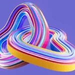 Colorful, intertwined loops with yellow, pink, and blue stripes on a purple background.