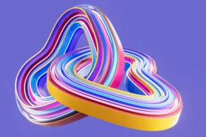 Colorful, intertwined loops with yellow, pink, and blue stripes on a purple background.