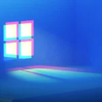 Glitch-style Windows logo on a blue background with colorful light reflections.
