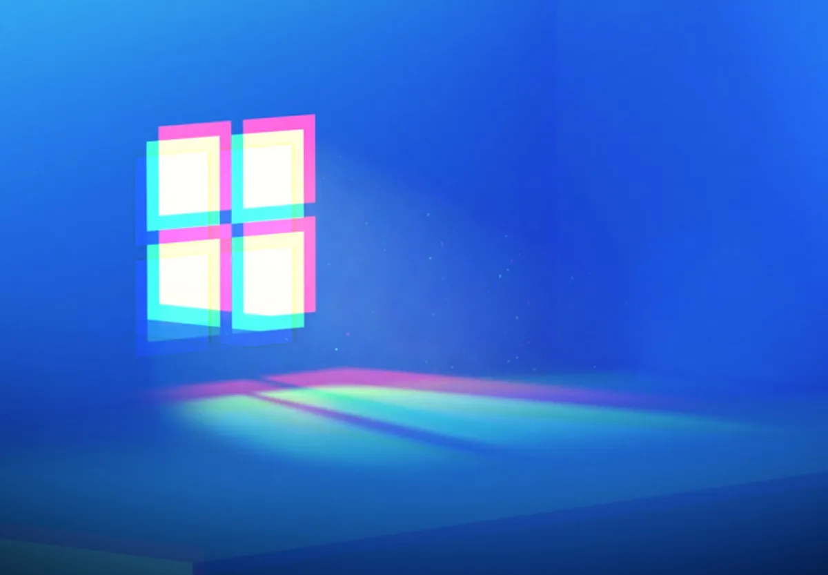 Glitch-style Windows logo on a blue background with colorful light reflections.