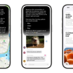 Three smartphones display a map with itinerary, a chat about naming a hedgehog, and a news app with various articles.