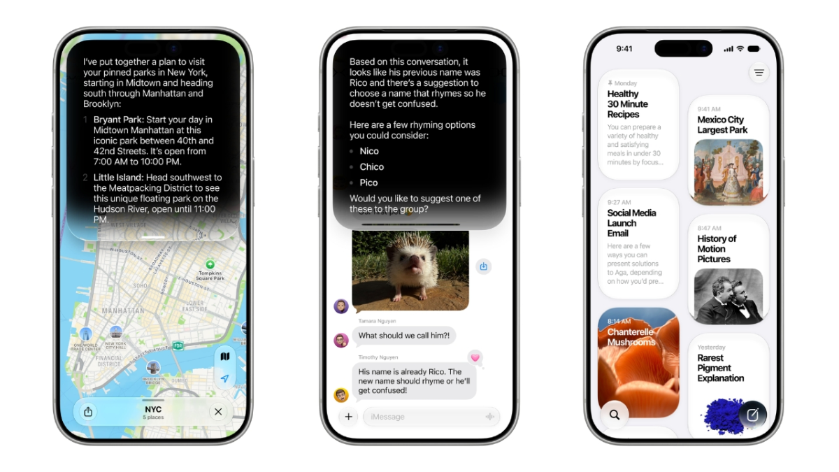 Three smartphones display a map with itinerary, a chat about naming a hedgehog, and a news app with various articles.
