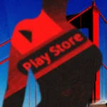 Silhouette with "Play Store" text over the Golden Gate Bridge, blue sky background.