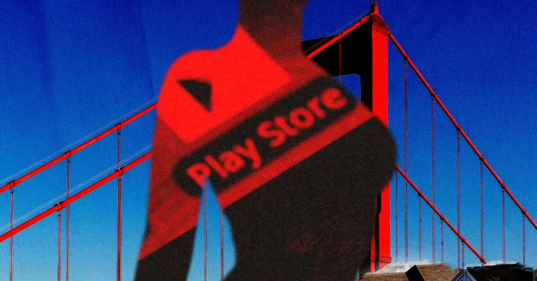 Silhouette with "Play Store" text over the Golden Gate Bridge, blue sky background.