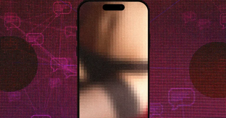Pixelated smartphone screen on a dark red digital background with abstract patterns