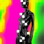 Metallic humanoid figure with pixelated blocks, against a vibrant pink and green background.