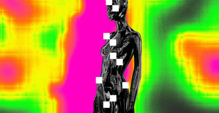 Metallic humanoid figure with pixelated blocks, against a vibrant pink and green background.