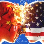 Two human heads facing each other, one with a Chinese flag pattern, the other with a U.S. flag pattern, against a blue bac...