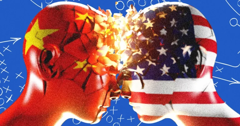 Two human heads facing each other, one with a Chinese flag pattern, the other with a U.S. flag pattern, against a blue bac...