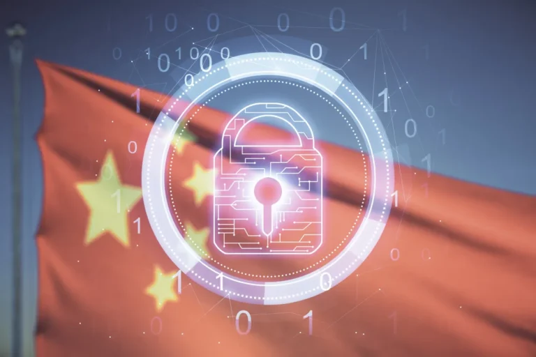 Chinese flag in the background with a digital padlock and binary code overlay in the foreground.