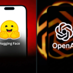 Two smartphones display logos: Hugging Face with a smiling emoji, and OpenAI with a geometric design, against a red backgr...