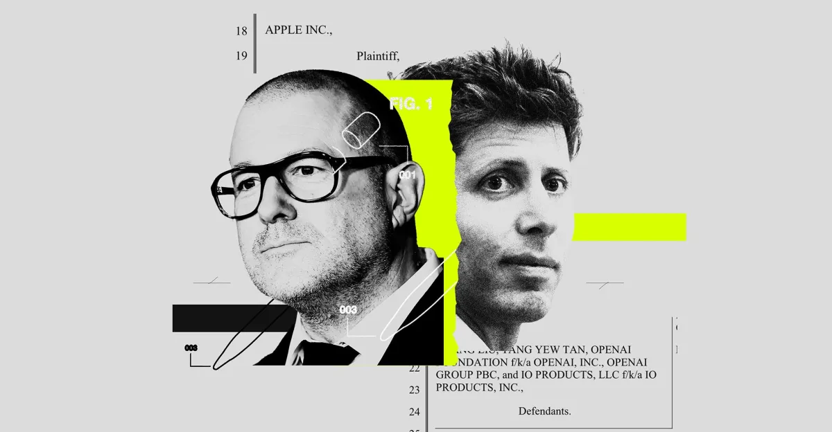 Two men's faces overlap with abstract design elements; text includes "Apple Inc." and "OpenAI" with legal document excerpts.
