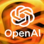 OpenAI logo on a vibrant orange abstract background with overlapping shapes.