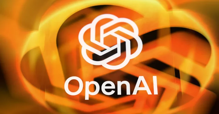OpenAI logo on a vibrant orange abstract background with overlapping shapes.