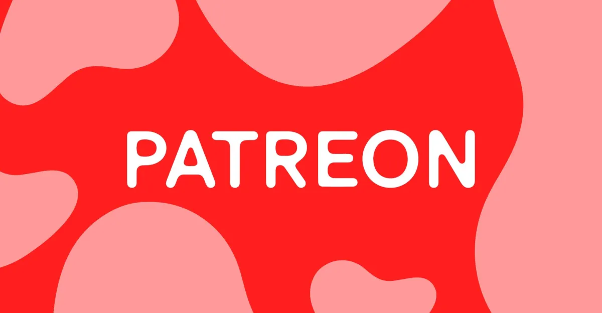 Red and pink abstract background with the word "PATREON" in white, centered.
