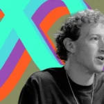 Man speaking in front of colorful abstract Meta logo background, wearing a dark shirt and necklace.
