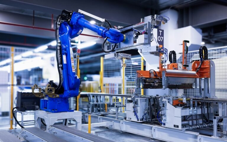 physical AI robot training in a San Leandro warehouse with sensor headset and robotic arm