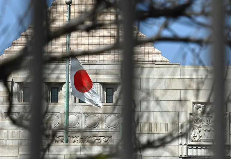 Japanese flag on a pole in front of a stone building with decorative carvings, viewed through blurred branches.