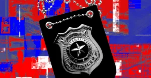 Police badge on a chain against a red and blue abstract background with digital text and map fragments.