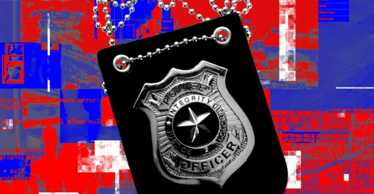 Police badge on a chain against a red and blue abstract background with digital text and map fragments.