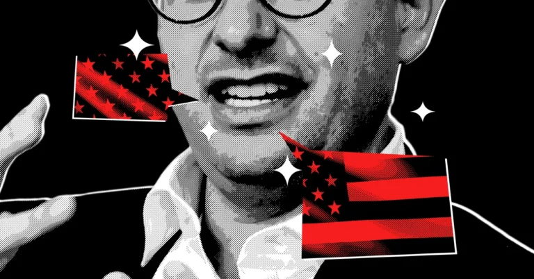 Person with speech bubbles featuring red stars and stripes, stylized pop art design with halftone dots and sparkles.