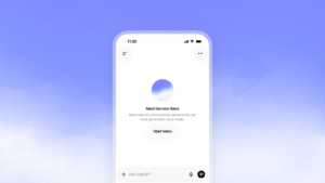Smartphone screen displaying ChatGPT app with "Meet the new Voice," "Start Voice" button, on a gradient blue background.
