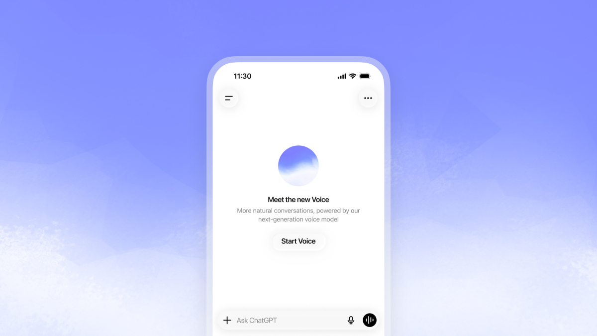 Smartphone screen displaying ChatGPT app with "Meet the new Voice," "Start Voice" button, on a gradient blue background.