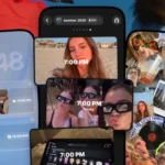 Collage of smartphone screens showing various social media posts and photos, including timestamps and user interface eleme...