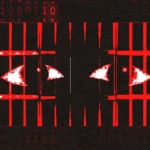 Red and white eyes behind digital bars with binary code in the background, symbolizing AI surveillance or cybersecurity.