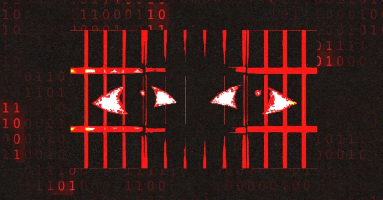 Red and white eyes behind digital bars with binary code in the background, symbolizing AI surveillance or cybersecurity.
