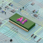 Circuit board with colorful pathways and a large green chip labeled "AI" at the center