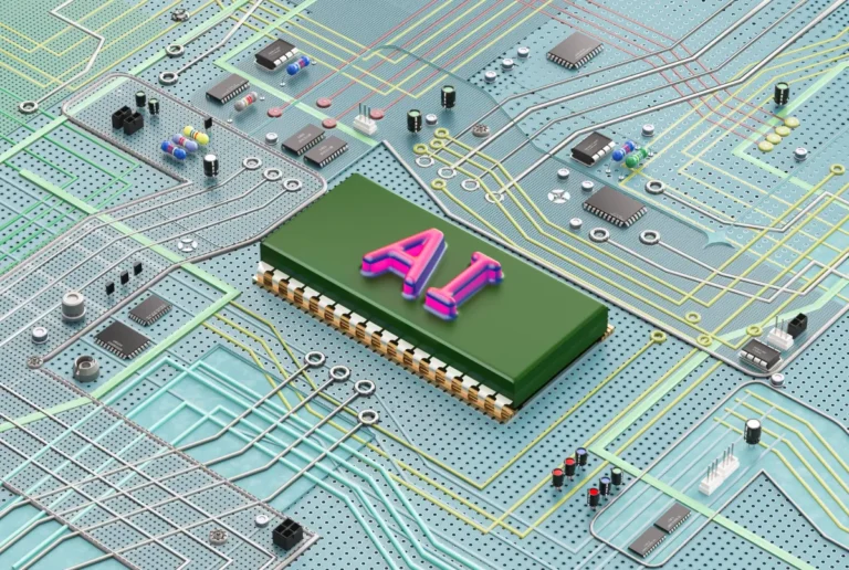 Circuit board with colorful pathways and a large green chip labeled "AI" at the center