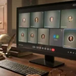 Computer screen showing a virtual meeting with historical figures, a hand gesturing on the desk with keyboard and quill