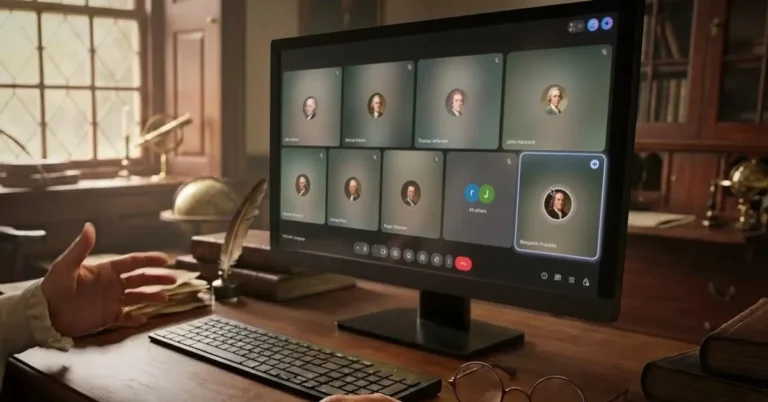Computer screen showing a virtual meeting with historical figures, a hand gesturing on the desk with keyboard and quill
