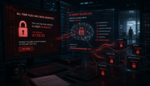 Dark server room with ransomware warning screens, encrypted files, countdown timer, and AI agent named Blacklock, human si...