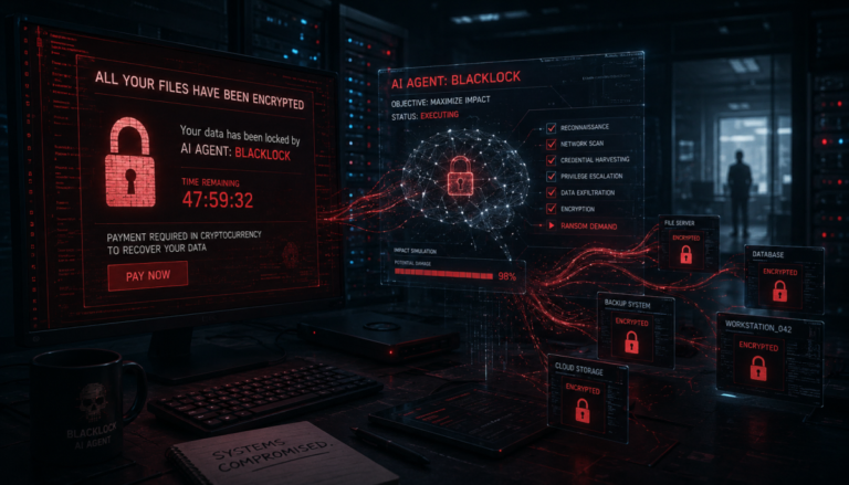Dark server room with ransomware warning screens, encrypted files, countdown timer, and AI agent named Blacklock, human si...