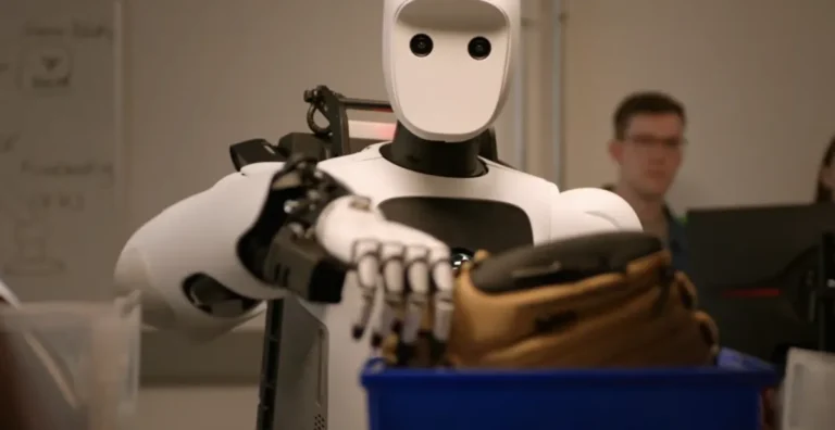 Humanoid robot with a white face and black eyes handling a basket, two people in the background observing.