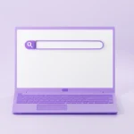 Purple laptop with a large search bar on the screen, set against a light purple background.