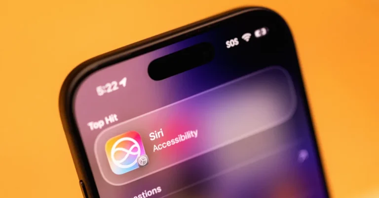 Close-up of an iPhone screen displaying Siri accessibility settings with a colorful icon, time, and signal indicators.