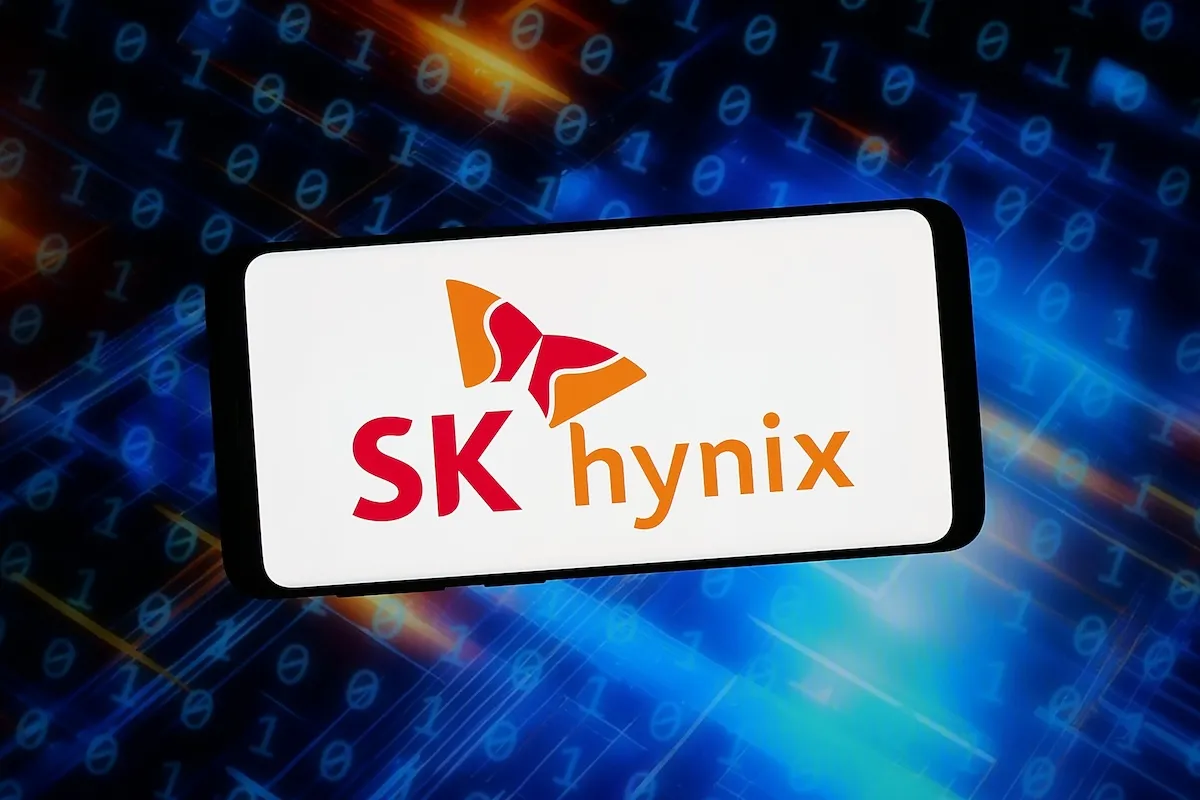 SK Hynix logo on a smartphone screen, with binary code in the blue and orange background.
