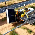 Robot arm installing solar panels on a construction site in a desert landscape, surrounded by rows of existing panels.