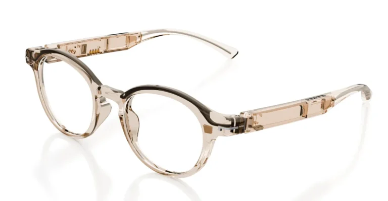 Transparent smart glasses with round frames and visible electronic components on the arms.