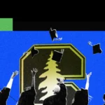 Graduates toss caps in front of a stylized tree logo on a blue and green abstract background.