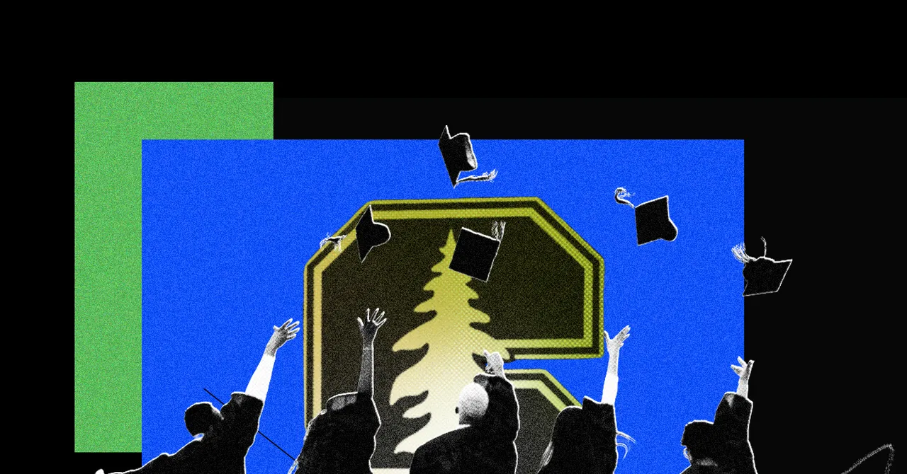Graduates toss caps in front of a stylized tree logo on a blue and green abstract background.
