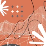 Abstract design with white geometric shapes, orange background, wireframe mountains, and black lines and circles.