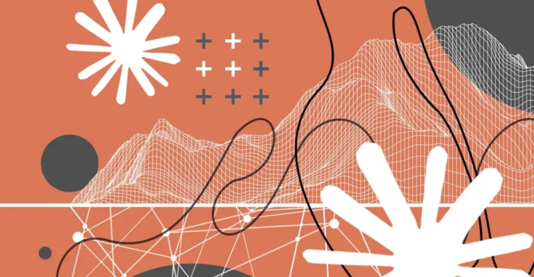 Abstract design with white geometric shapes, orange background, wireframe mountains, and black lines and circles.