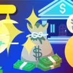 Colorful illustration of a bank, money bags, and dollar signs, symbolizing financial success and wealth.
