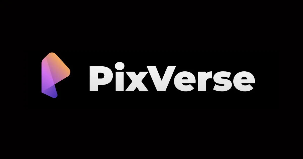 PixVerse logo with a gradient triangular icon and bold white text on a black background.